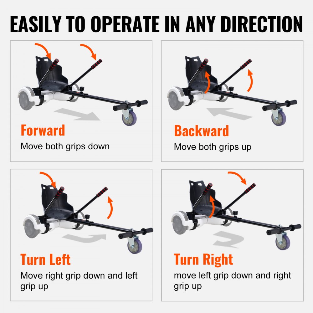 Accesorio de asiento para hoverboard VEVOR, compatible con todos los hoverboards de 6.5", 8", 8.5" y 10", con controles de agarre, longitud de marco ajustable y capacidad de carga de 220 libras, accesorio para hoverboard y karts, para niños y adultos.