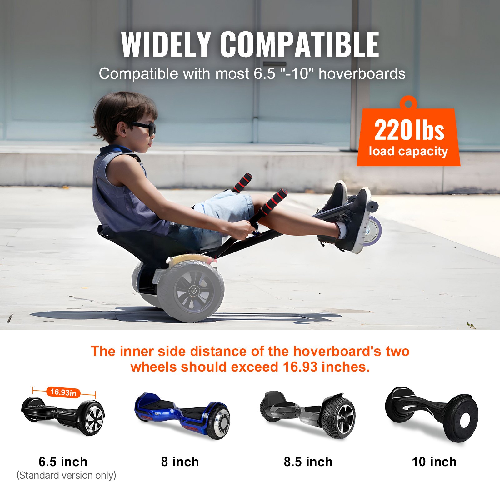 Accesorio de asiento para hoverboard VEVOR, compatible con todos los hoverboards de 6.5", 8", 8.5" y 10", con controles de agarre, longitud de marco ajustable y capacidad de carga de 220 libras, accesorio para hoverboard y karts, para niños y adultos.