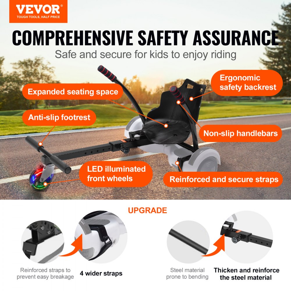 Accesorio de asiento VEVOR para hoverboard, compatible con hoverboards de 6.5", 8", 8.5" y 10", con luces LED, controles en el manillar, longitud de marco ajustable y capacidad de carga de 220 libras. Ideal para hoverboards y karts, para niños y adultos.
