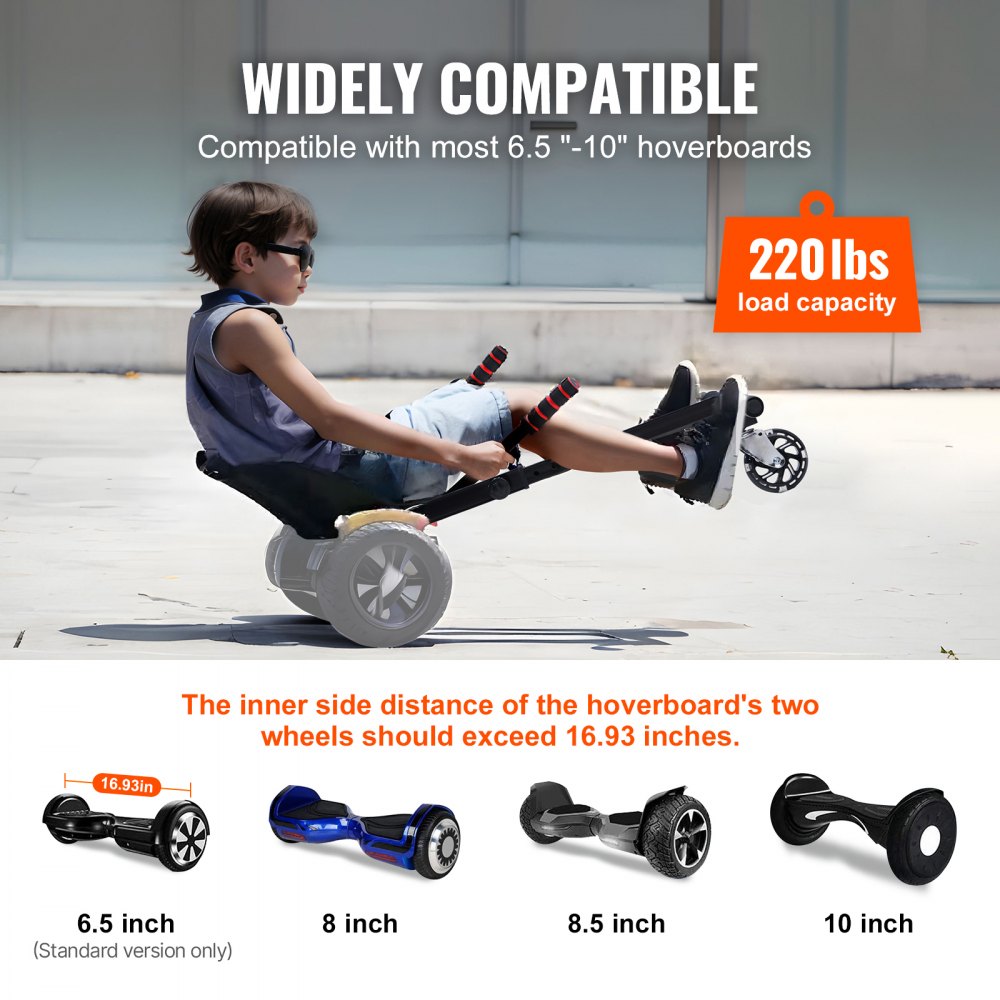 Accesorio de asiento VEVOR para hoverboard, compatible con hoverboards de 6.5", 8", 8.5" y 10", con luces LED, controles en el manillar, longitud de marco ajustable y capacidad de carga de 220 libras. Ideal para hoverboards y karts, para niños y adultos.