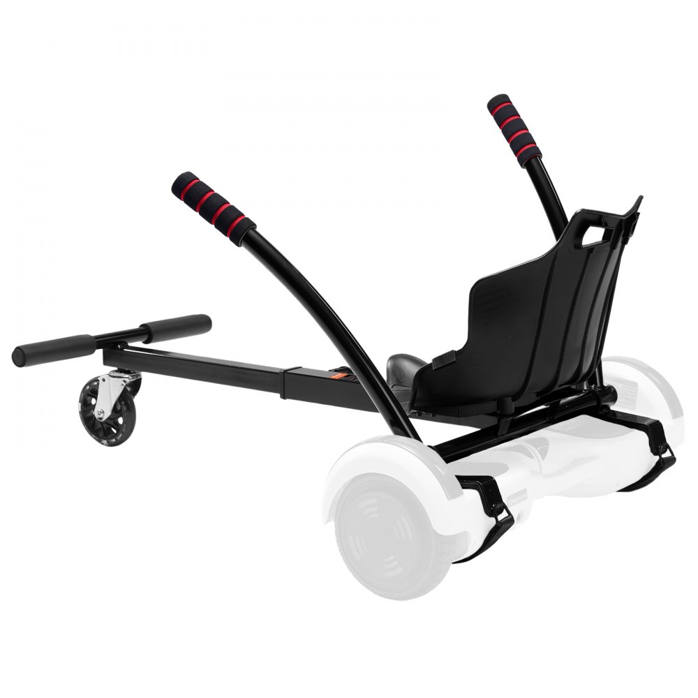 Accesorio de asiento VEVOR para hoverboard, compatible con hoverboards de 6.5", 8", 8.5" y 10", con luces LED, controles en el manillar, longitud de marco ajustable y capacidad de carga de 220 libras. Ideal para hoverboards y karts, para niños y adultos.