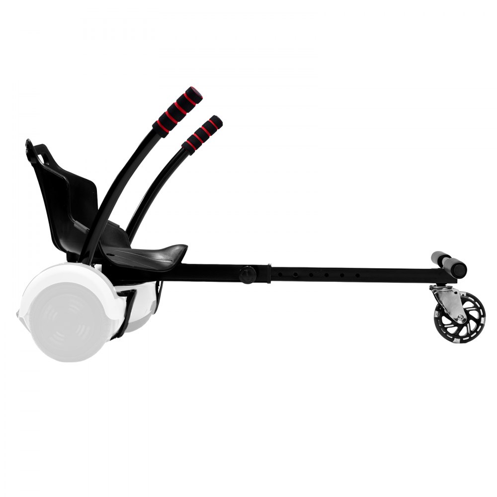 Accesorio de asiento VEVOR para hoverboard, compatible con hoverboards de 6.5", 8", 8.5" y 10", con luces LED, controles en el manillar, longitud de marco ajustable y capacidad de carga de 220 libras. Ideal para hoverboards y karts, para niños y adultos.