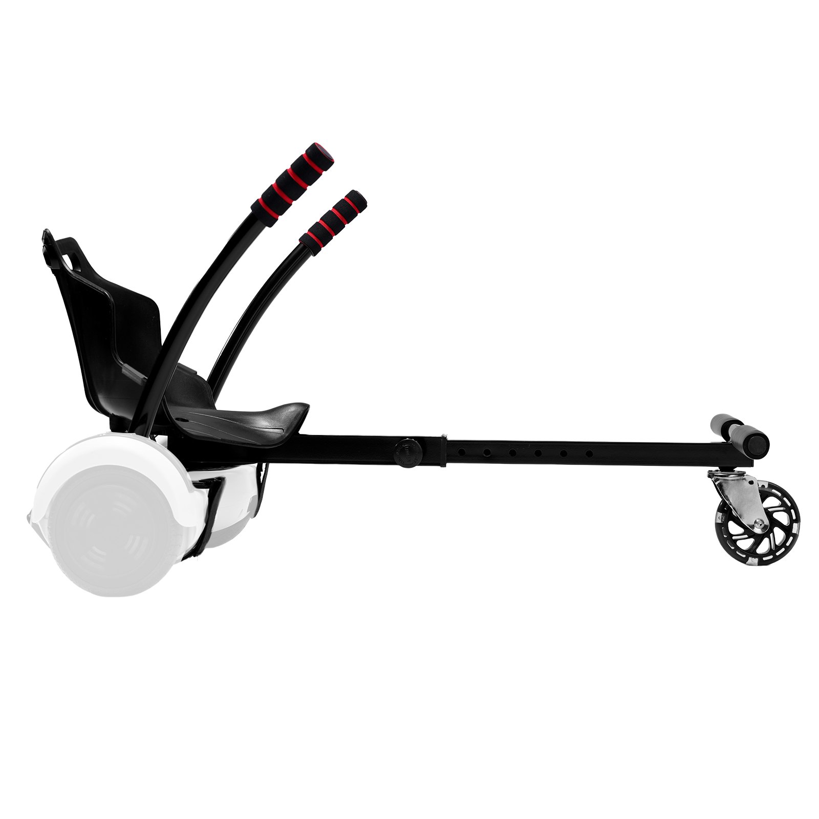 Accesorio de asiento VEVOR para hoverboard, compatible con hoverboards de 6.5", 8", 8.5" y 10", con luces LED, controles en el manillar, longitud de marco ajustable y capacidad de carga de 220 libras. Ideal para hoverboards y karts, para niños y adultos.