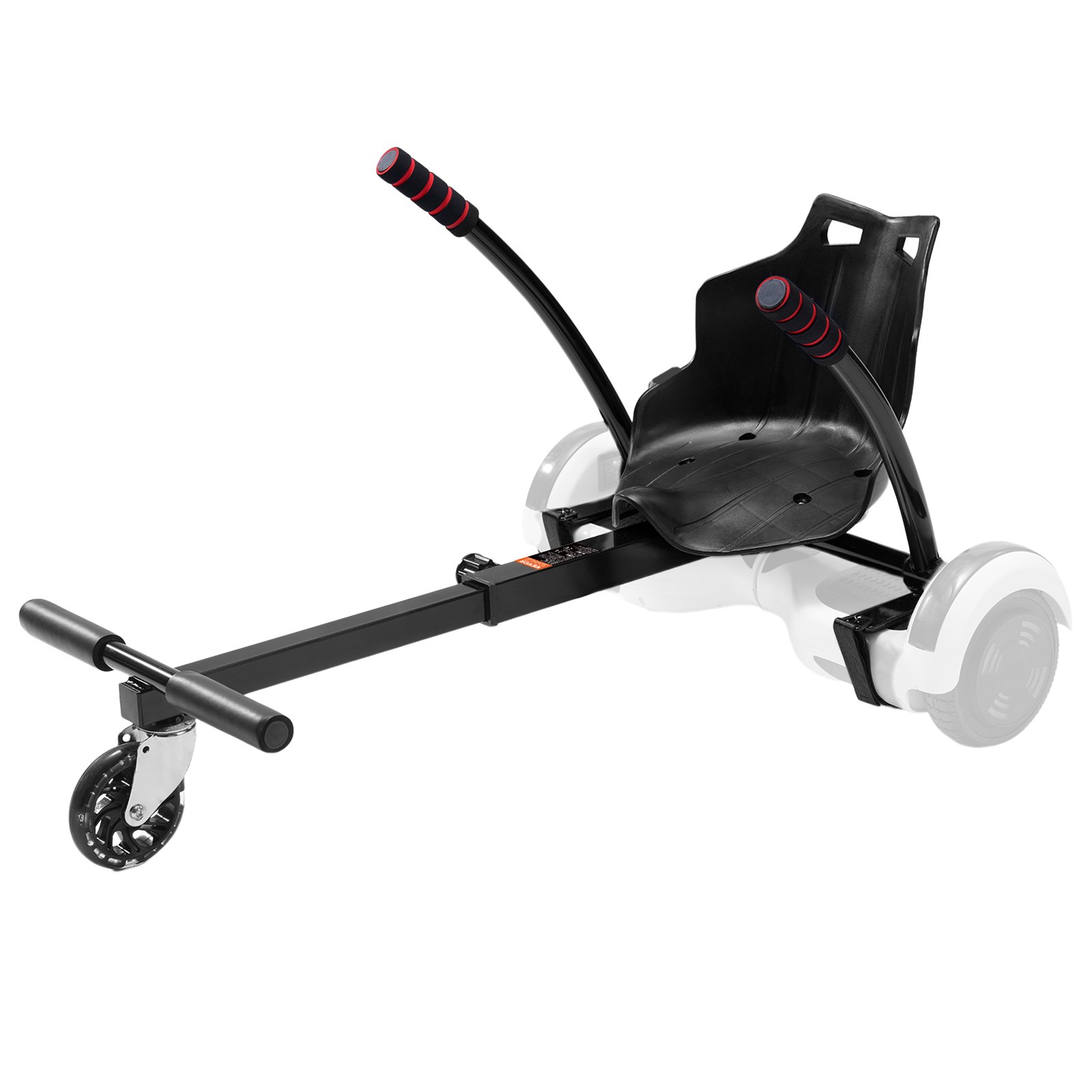 Accesorio de asiento VEVOR para hoverboard, compatible con hoverboards de 6.5", 8", 8.5" y 10", con luces LED, controles en el manillar, longitud de marco ajustable y capacidad de carga de 220 libras. Ideal para hoverboards y karts, para niños y adultos.
