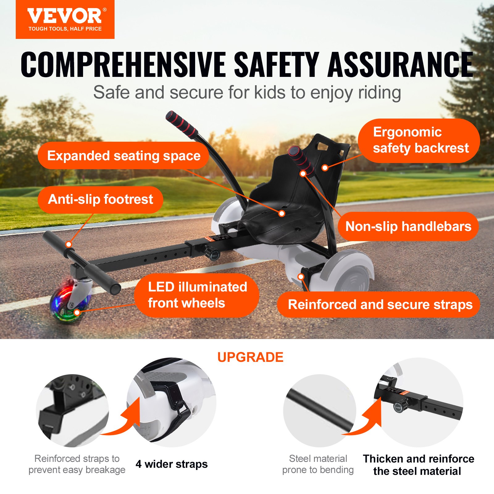 Accesorio de asiento VEVOR para hoverboard, compatible con hoverboards de 6.5", 8", 8.5" y 10", con luces LED, controles en el manillar, longitud de marco ajustable y capacidad de carga de 220 libras. Ideal para hoverboards y karts, para niños y adultos.