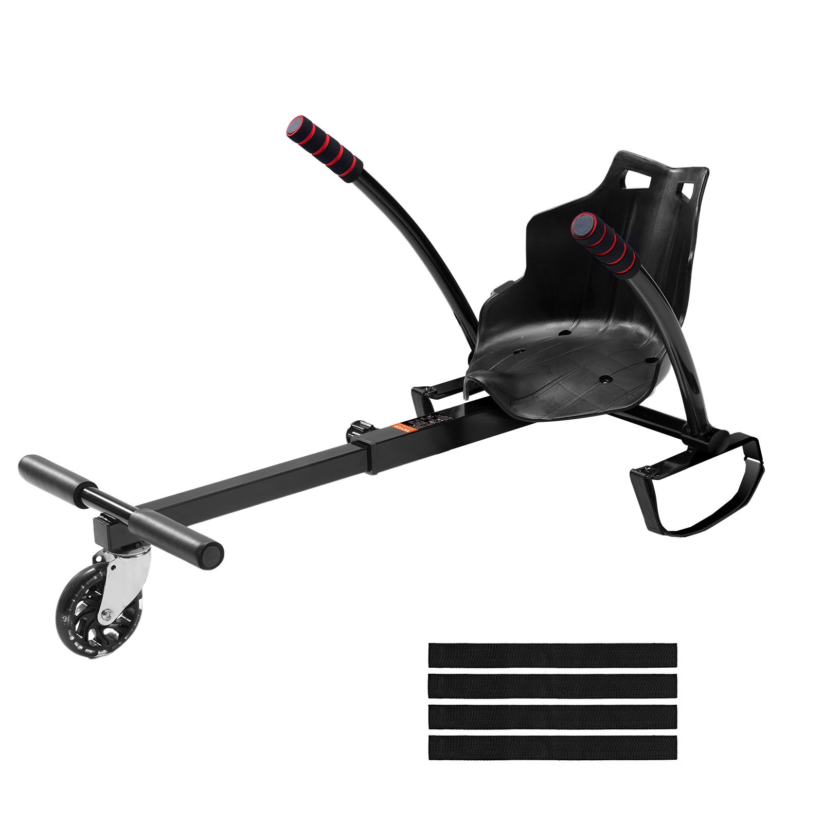 Accesorio de asiento VEVOR para hoverboard, compatible con hoverboards de 6.5", 8", 8.5" y 10", con luces LED, controles en el manillar, longitud de marco ajustable y capacidad de carga de 220 libras. Ideal para hoverboards y karts, para niños y adultos.