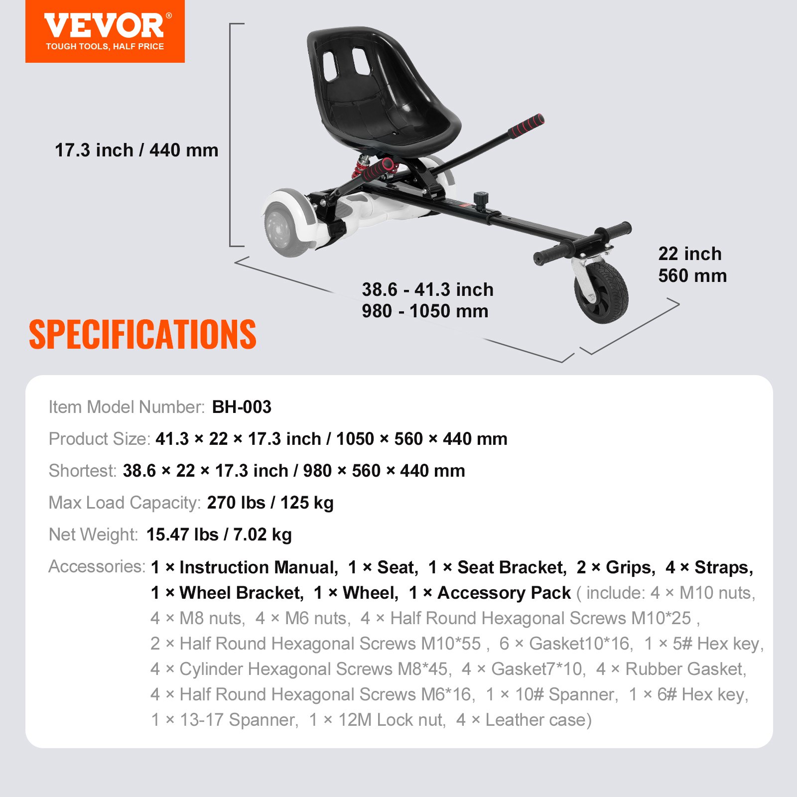 Accesorio de asiento para aeropatín VEVOR, para aeropatín de 6,5", 8", 8,5" y 10", sistema de doble amortiguación, control de agarre, longitud ajustable, capacidad de carga de 122 kg, accesorio para cochecito de aeropatín, para niños y adultos.