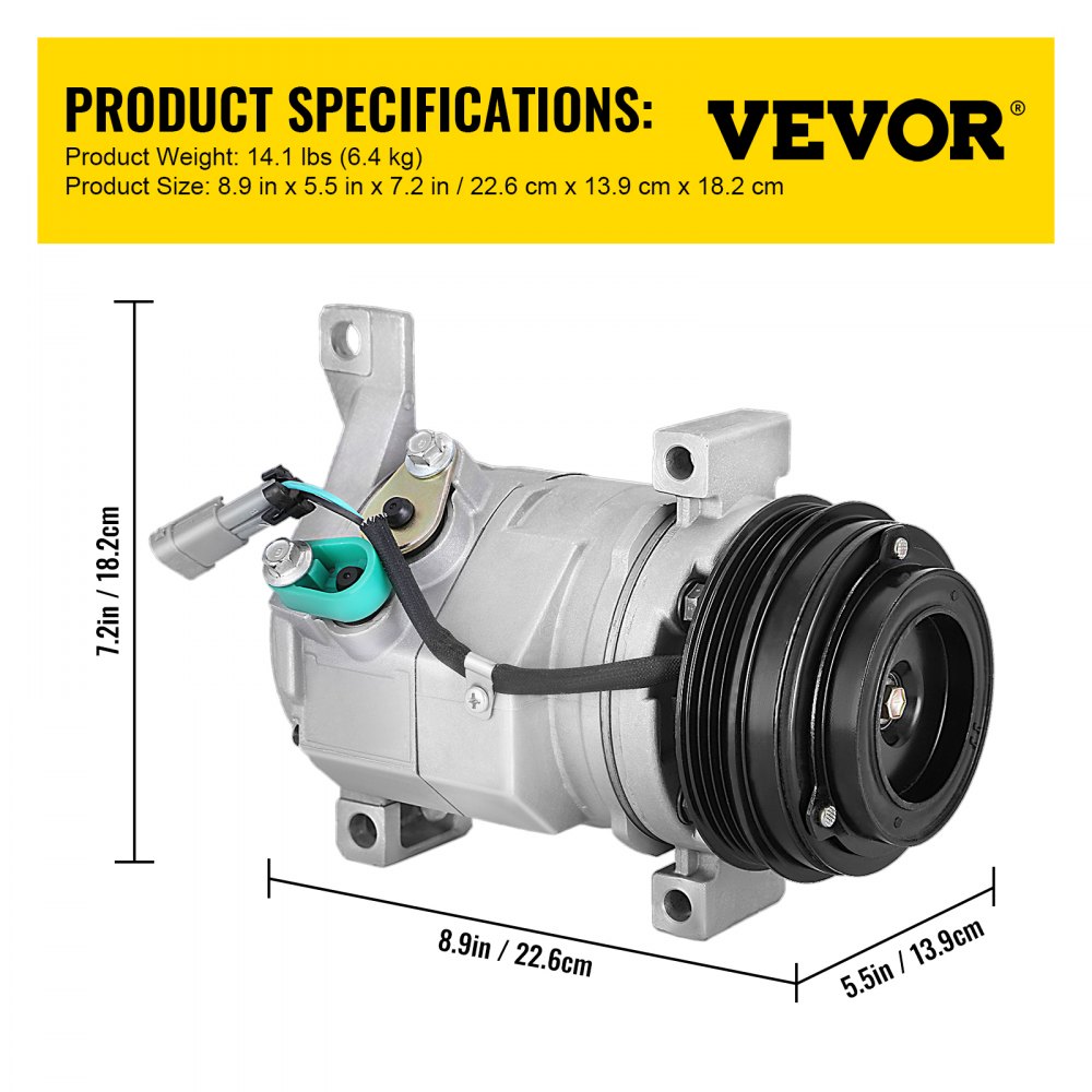 Compresor de aire acondicionado VEVOR para chevy con medidas y especificaciones del producto.