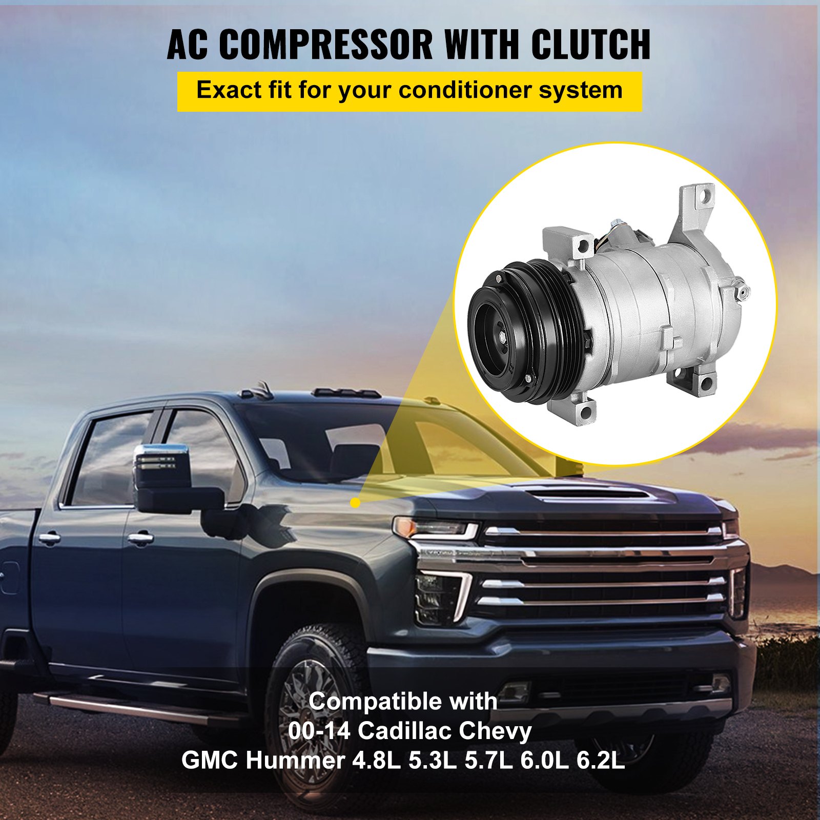 Compresor de aire acondicionado VEVOR para camioneta Chevy con imagen del compresor ampliada en el fondo.