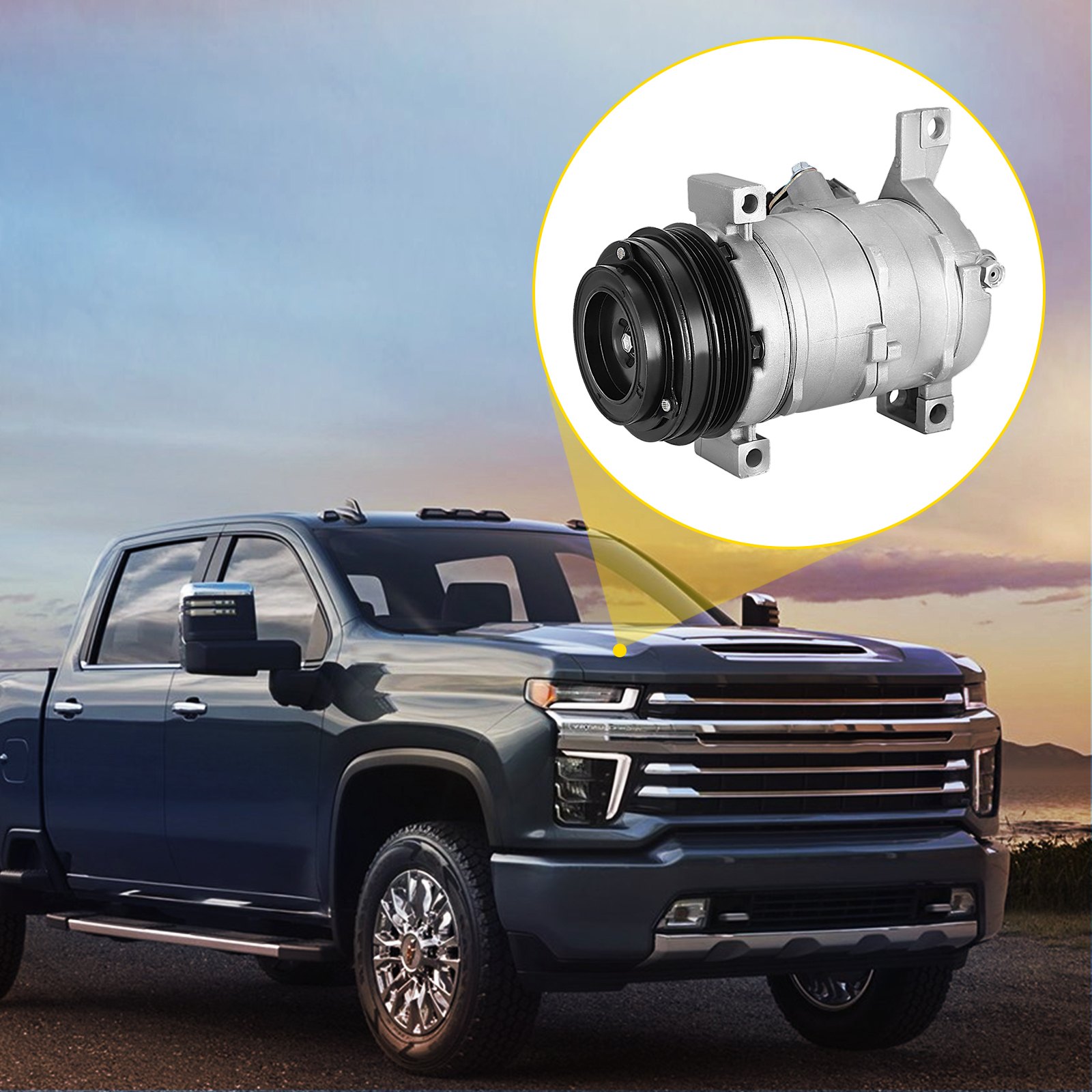 Camioneta plateada con compresor de aire acondicionado VEVOR para Chevy resaltado en un círculo.