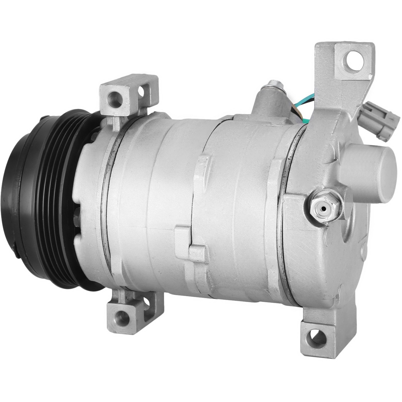 Compresor de aire acondicionado VEVOR para Chevy, unidad cilíndrica plateada con polea negra y soportes de montaje.
