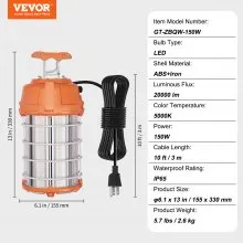 VEVOR Luz de trabajo temporal LED, 150 W, 20000 lm luces de construcción, 5000 K portátil súper brillante e impermeable y conectado hasta 6 luces, iluminación colgante para lugar de trabajo para iluminación interior y exterior