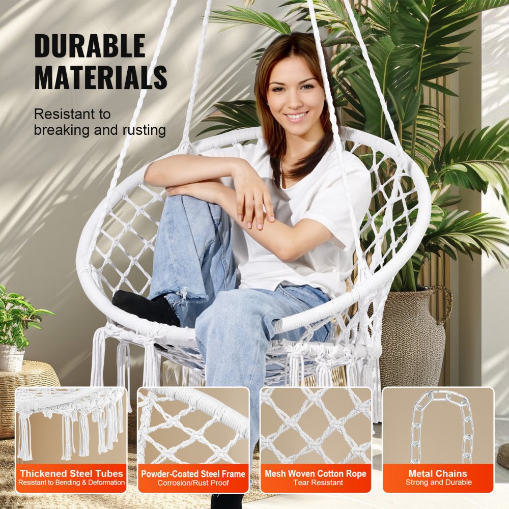 Hamaca colgante VEVOR, capacidad de 150 kg, macramé con herrajes de montaje, cuerda de algodón para dormitorio, balcón, patio y jardín, color blanco