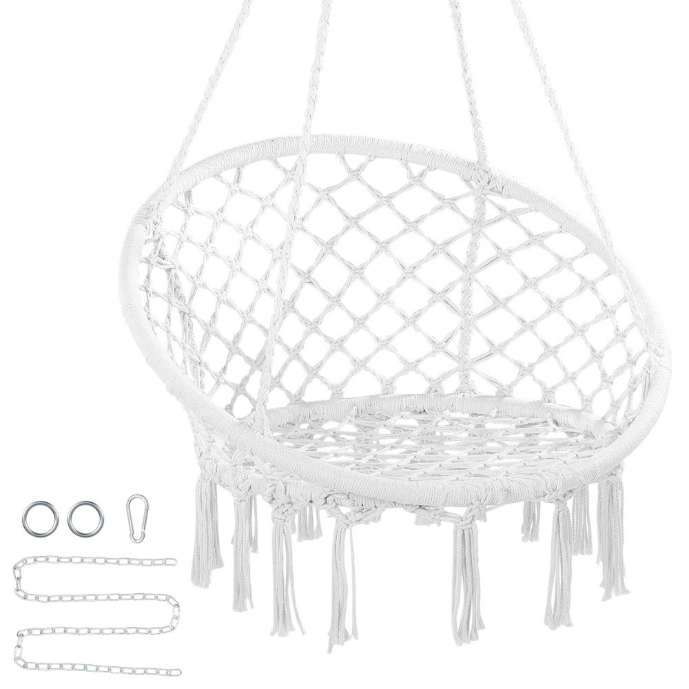 Hamaca colgante VEVOR, capacidad de 150 kg, macramé con herrajes de montaje, cuerda de algodón para dormitorio, balcón, patio y jardín, color blanco
