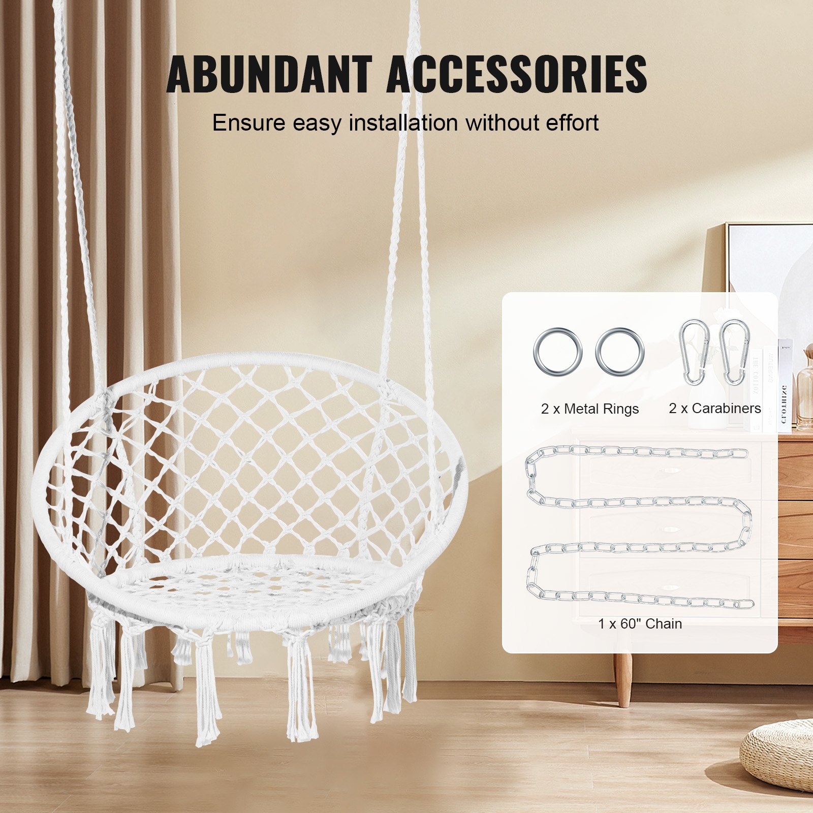 Hamaca colgante VEVOR, capacidad de 150 kg, macramé con herrajes de montaje, cuerda de algodón para dormitorio, balcón, patio y jardín, color blanco