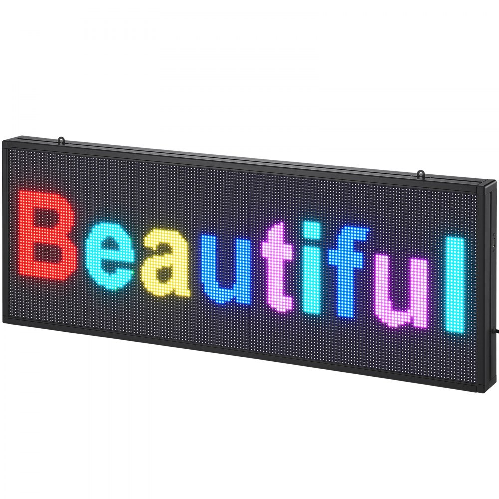 Letrero LED programable VEVOR que muestra "hermoso" en texto multicolor.