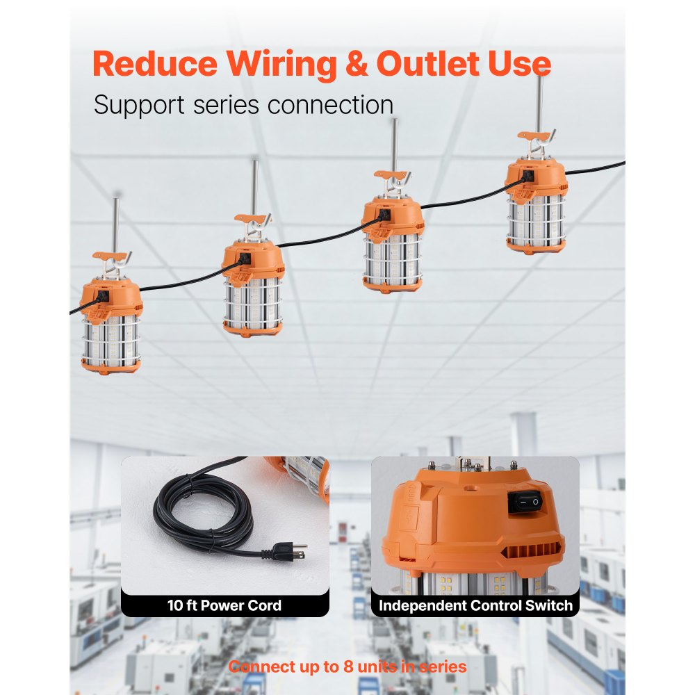 VEVOR Luz de Trabajo Temporal LED, 100 W, 14400 lm, 5000 K, Duradera y Resistente al Agua, Conectable hasta 8 uds, Iluminación de Techo o de Pie para Obras de Construcción, Uso Interior y Exterior