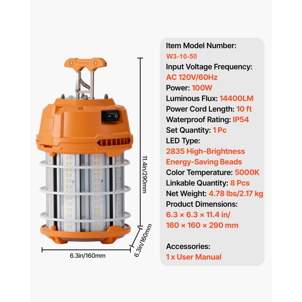 VEVOR Luz de Trabajo Temporal LED, 100 W, 14400 lm, 5000 K, Duradera y Resistente al Agua, Conectable hasta 8 uds, Iluminación de Techo o de Pie para Obras de Construcción, Uso Interior y Exterior