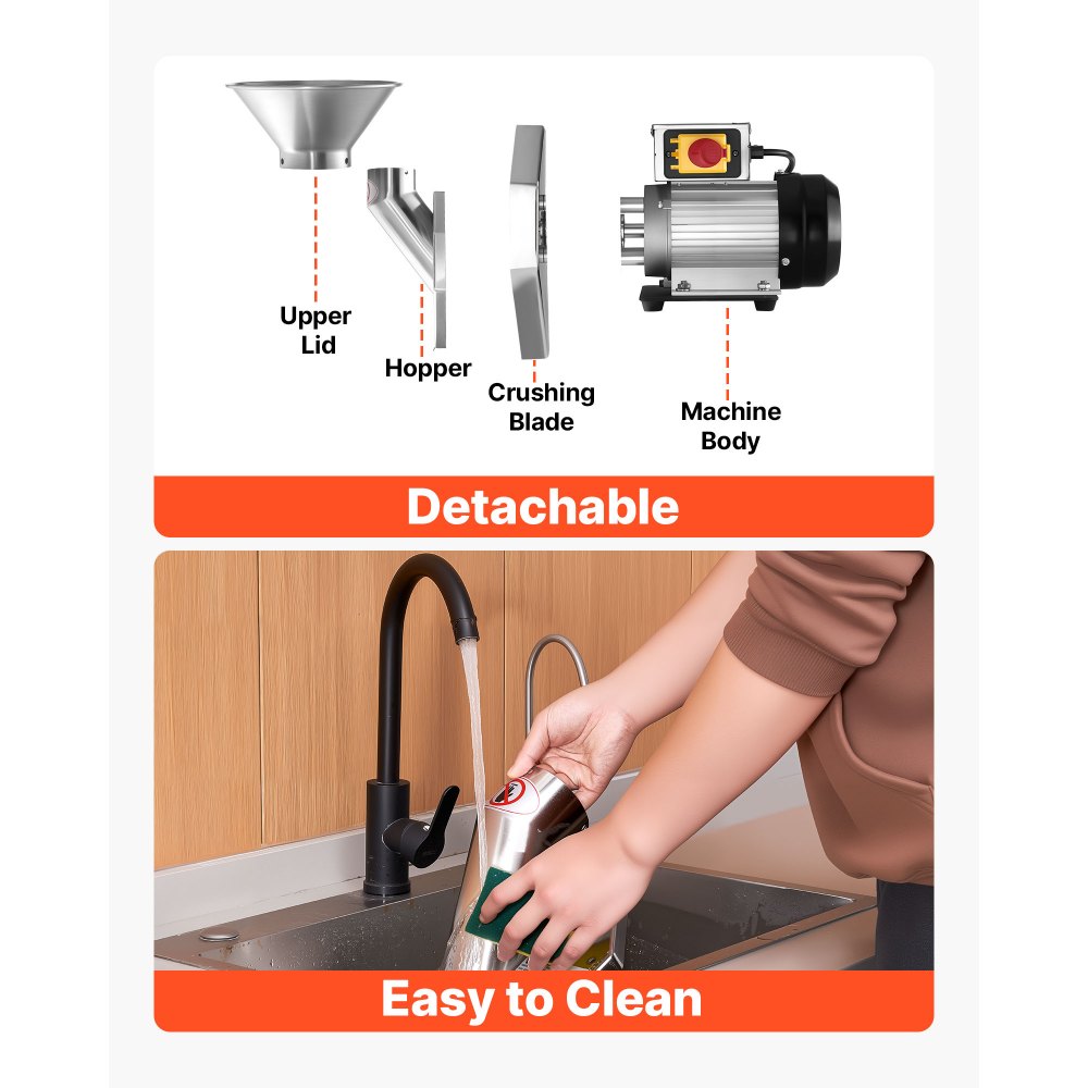 Trituradora eléctrica de manzanas VEVOR de 550 W, máquina trituradora de sobremesa de acero inoxidable SUS304, tritura manzanas enteras de hasta 7 cm de diámetro, capacidad de 60 kg/h, prensa para sidra de manzanas, peras, piña, guayaba, zanahoria y patata.