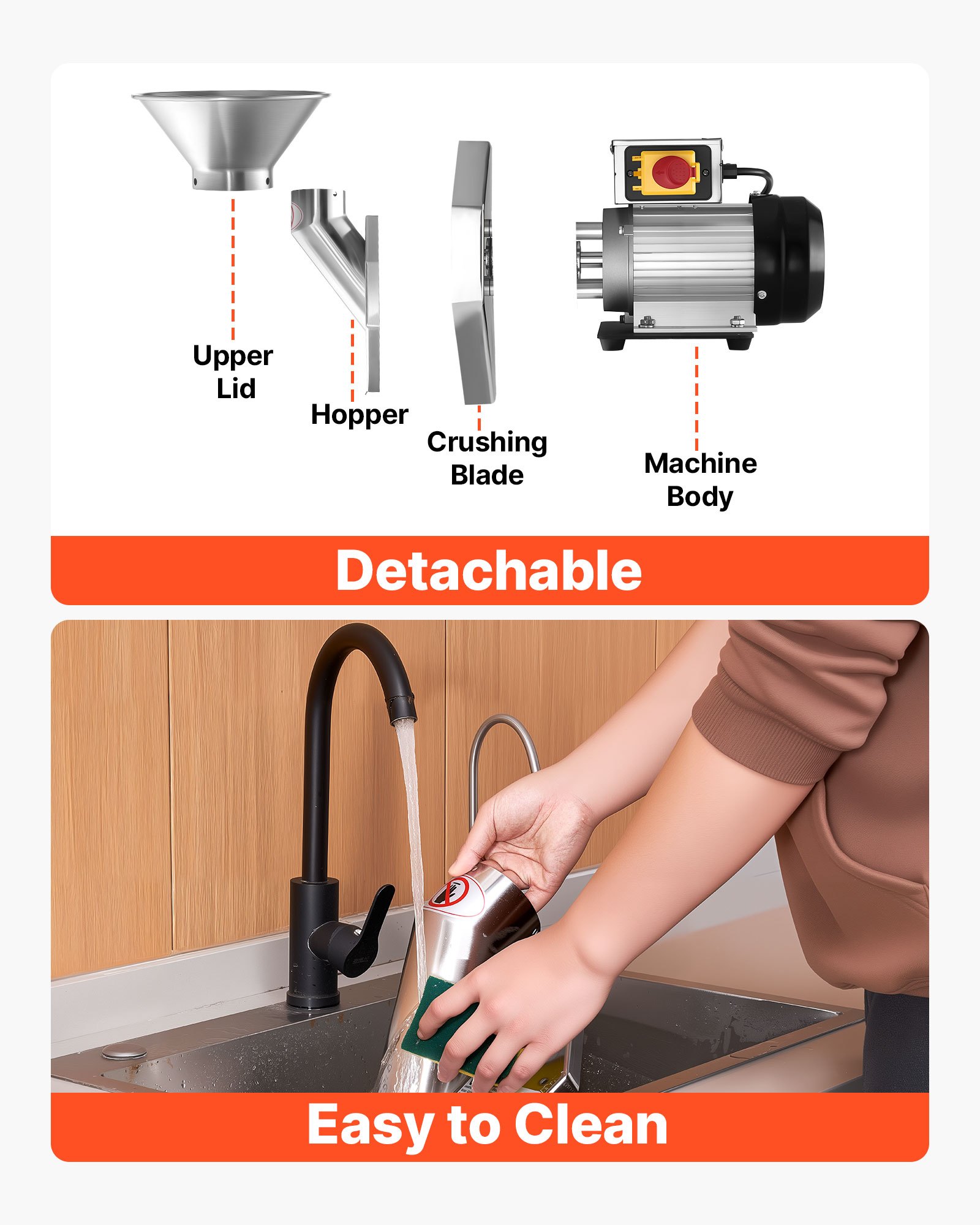 Trituradora eléctrica de manzanas VEVOR de 550 W, máquina trituradora de sobremesa de acero inoxidable SUS304, tritura manzanas enteras de hasta 7 cm de diámetro, capacidad de 60 kg/h, prensa para sidra de manzanas, peras, piña, guayaba, zanahoria y patata.