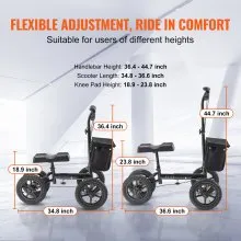 VEVOR Patinete de rodilla plegable, andador de rodilla orientable de aluminio con manillar ajustable en altura y rodillera, ruedas todoterreno de 12 pulgadas, frenos dobles, scooter de recuperación de piernas para lesiones de tobillo roto, 350 libras