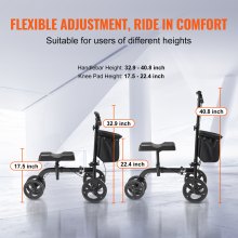 VEVOR Patinete de rodilla plegable, andador de rodilla orientable de acero al carbono con manillar ajustable en altura y rodillera, ruedas sólidas todo terreno, frenos dobles, scooter de recuperación de piernas para lesiones de tobillo roto