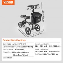 VEVOR Patinete de rodilla plegable, andador de rodilla orientable de acero al carbono con manillar ajustable en altura y rodillera, ruedas sólidas todo terreno, frenos dobles, scooter de recuperación de piernas para lesiones de tobillo roto