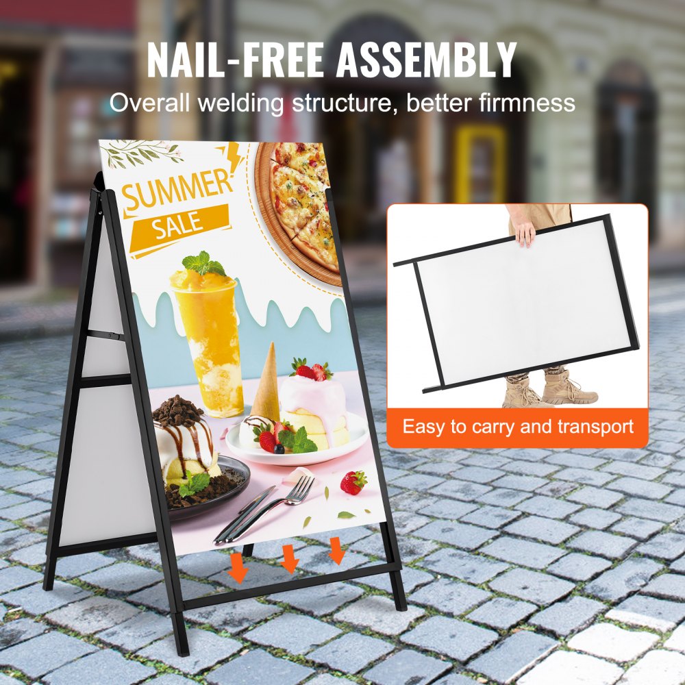 Letrero de acera VEVOR con marco en A, soporte deslizable resistente de 61 x 91 cm, letreros sándwich plegables de doble cara, póster de acero para pavimento, para publicidad exterior (solo marco)