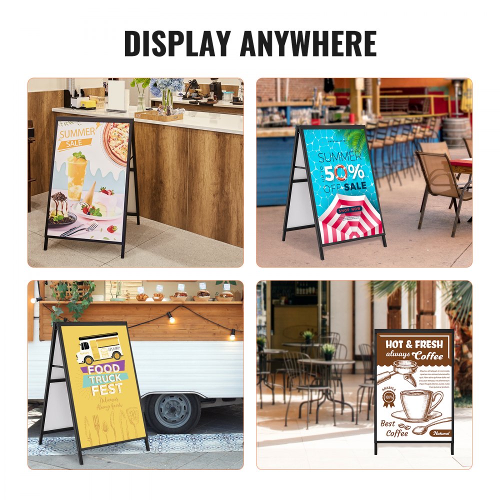 Letrero de acera VEVOR con marco en A, soporte deslizable resistente de 61 x 91 cm, letreros sándwich plegables de doble cara, póster de acero para pavimento, para publicidad exterior (solo marco)