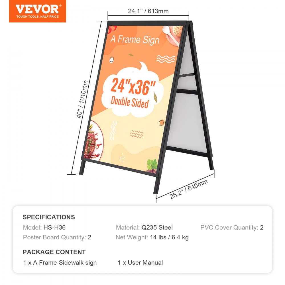 Letrero de acera VEVOR con marco en A, soporte deslizable resistente de 61 x 91 cm, letreros sándwich plegables de doble cara, póster de acero para pavimento, para publicidad exterior (solo marco)
