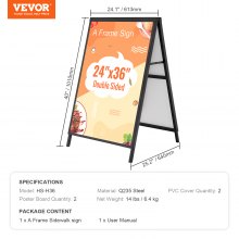 VEVOR A Frame Sidewalk Sign, 24x36 pulgadas Heavy Duty Slide-in Signboard Holder, Double Side Folding Sandwich Board Signs, Steel Pavement Sign Poster for Outdoor Business Street Advertising (solo marco)