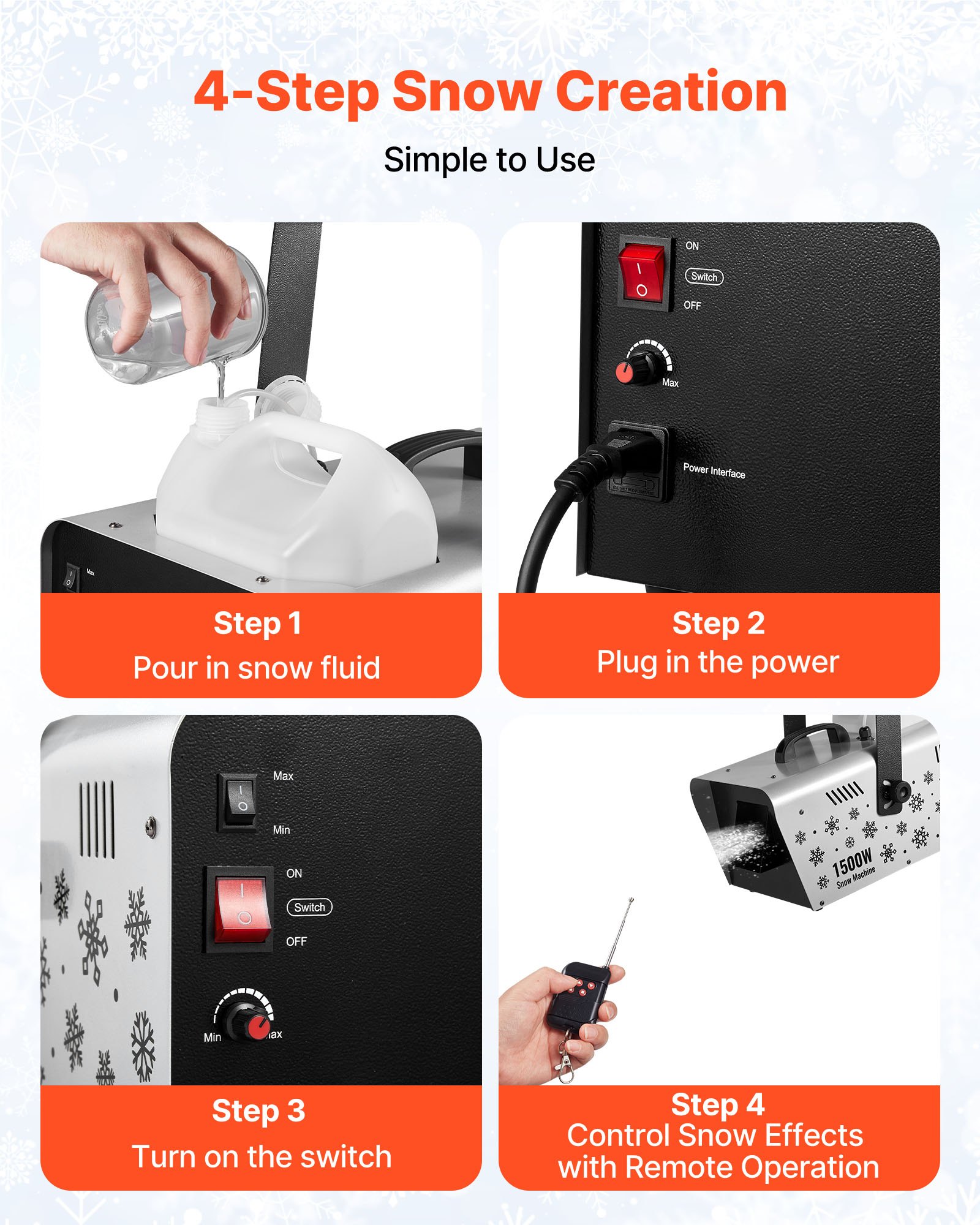 Máquina de nieve VEVOR, 1500 W, portátil o colgante, con control remoto inalámbrico, máquina de nieve portátil, generador de copos de nieve de alto rendimiento con tanque de 5 L para efectos de escenario en fiestas navideñas y bodas.