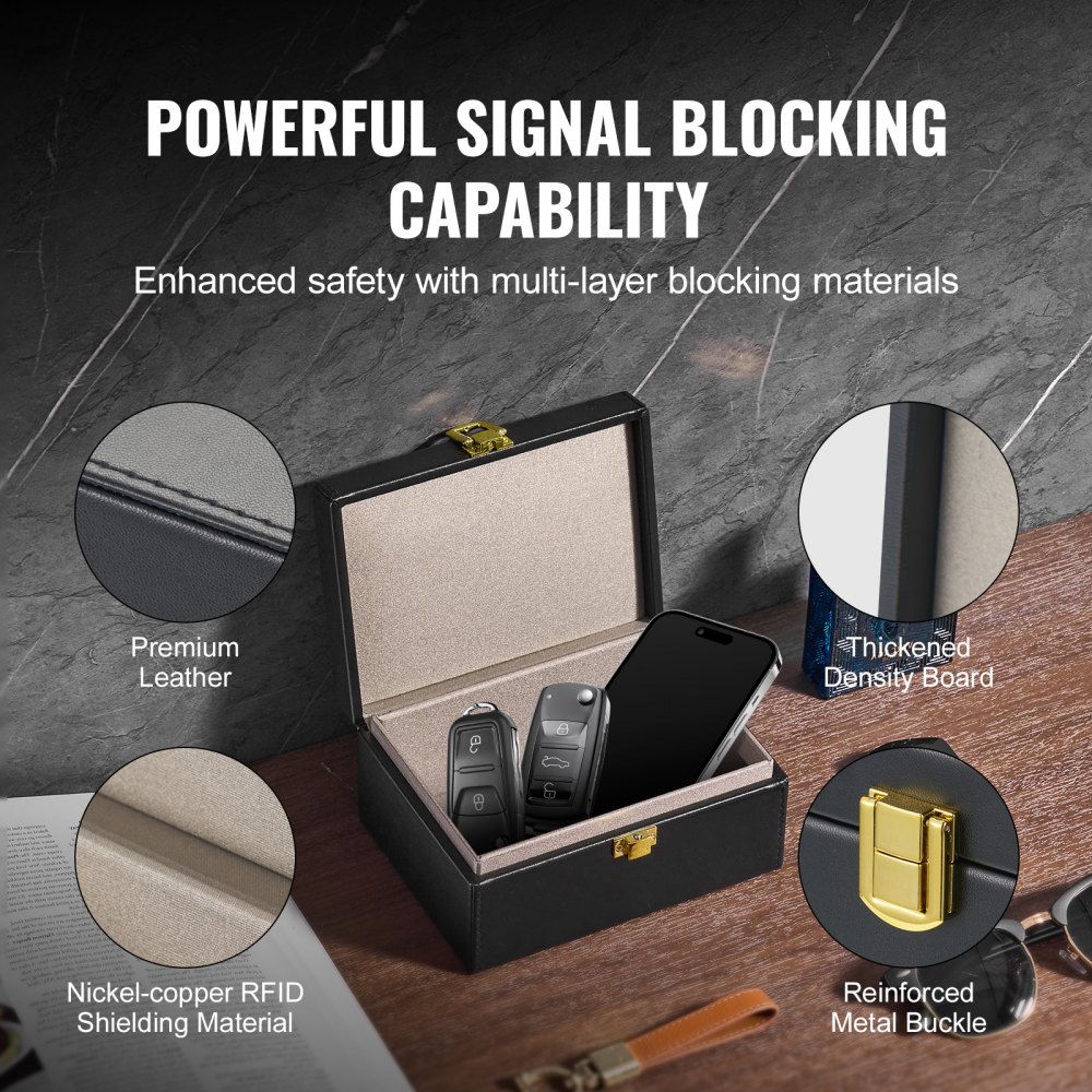 VEVOR Faraday Box, funda de cuero sintético con bloqueo de señal, protector de llavero sin llave para WiFi, RFID, GPS, Bluetooth y 5G, caja antirrobo y antipiratería, color negro (15,9 x 11,4 x 7,4 cm)