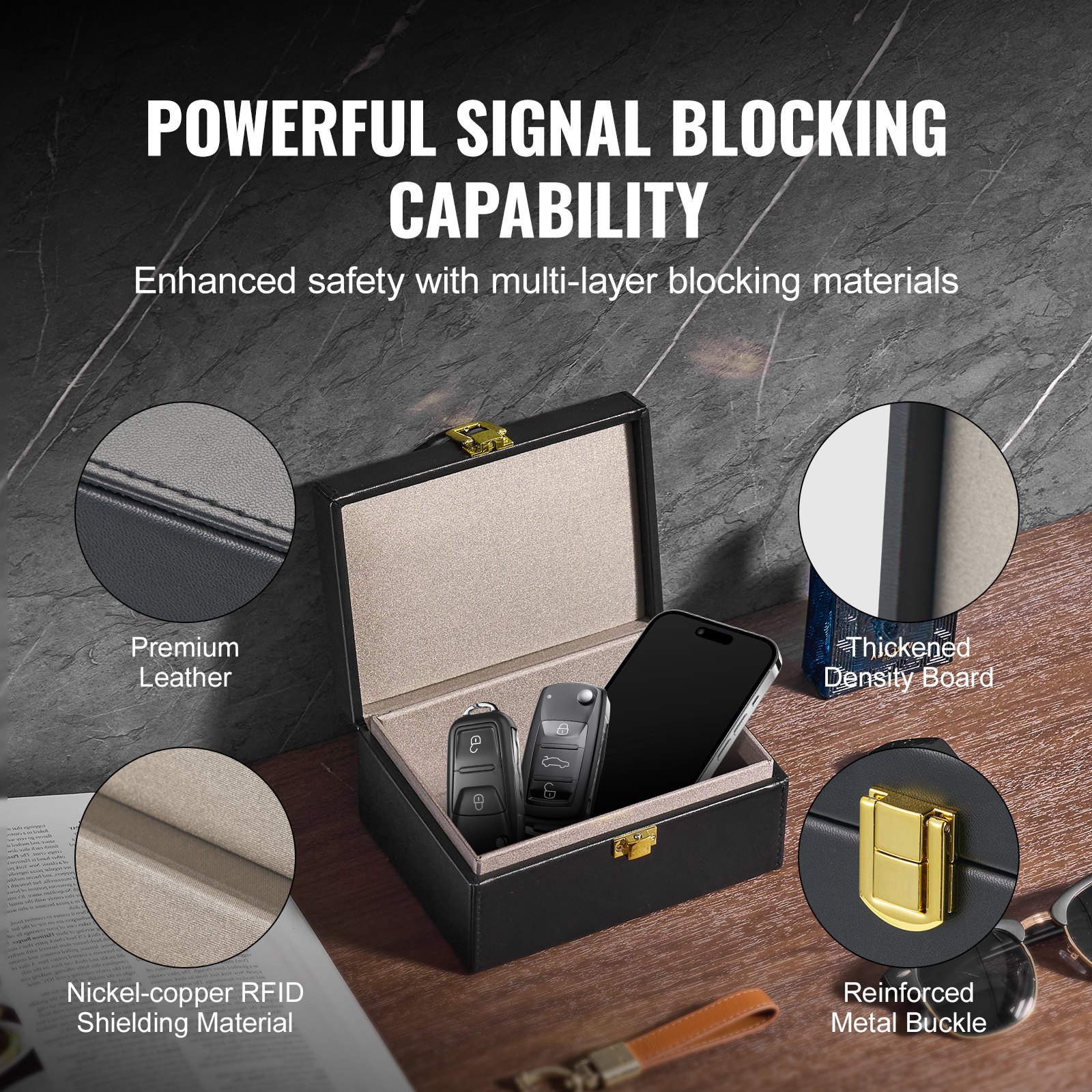 VEVOR Faraday Box, funda de cuero sintético con bloqueo de señal, protector de llavero sin llave para WiFi, RFID, GPS, Bluetooth y 5G, caja antirrobo y antipiratería, color negro (15,9 x 11,4 x 7,4 cm)