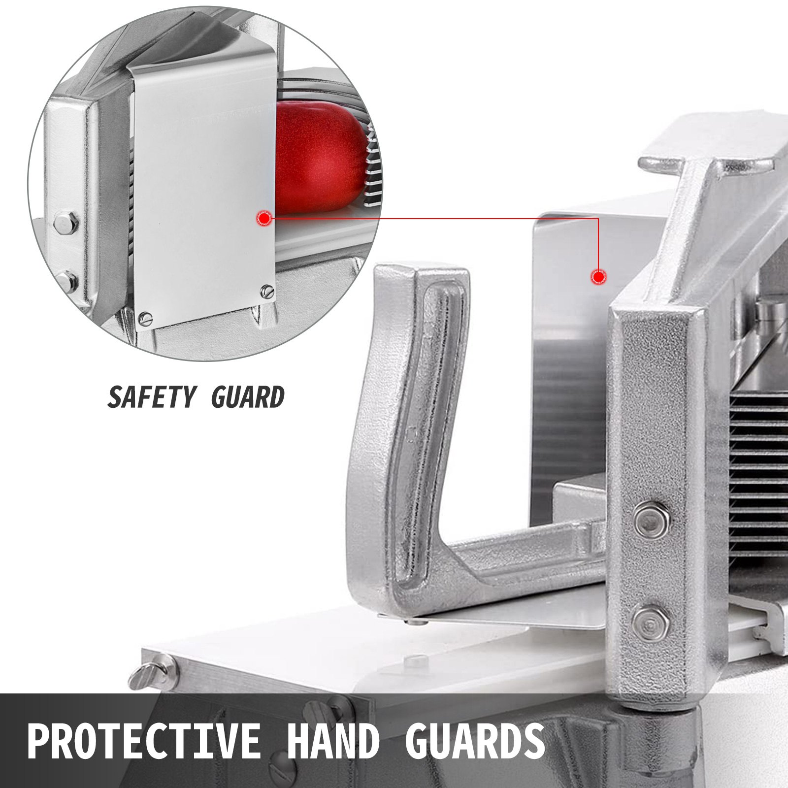 Cortadora de tomates VEVOR con protectores de manos y protección de seguridad para un corte eficiente.