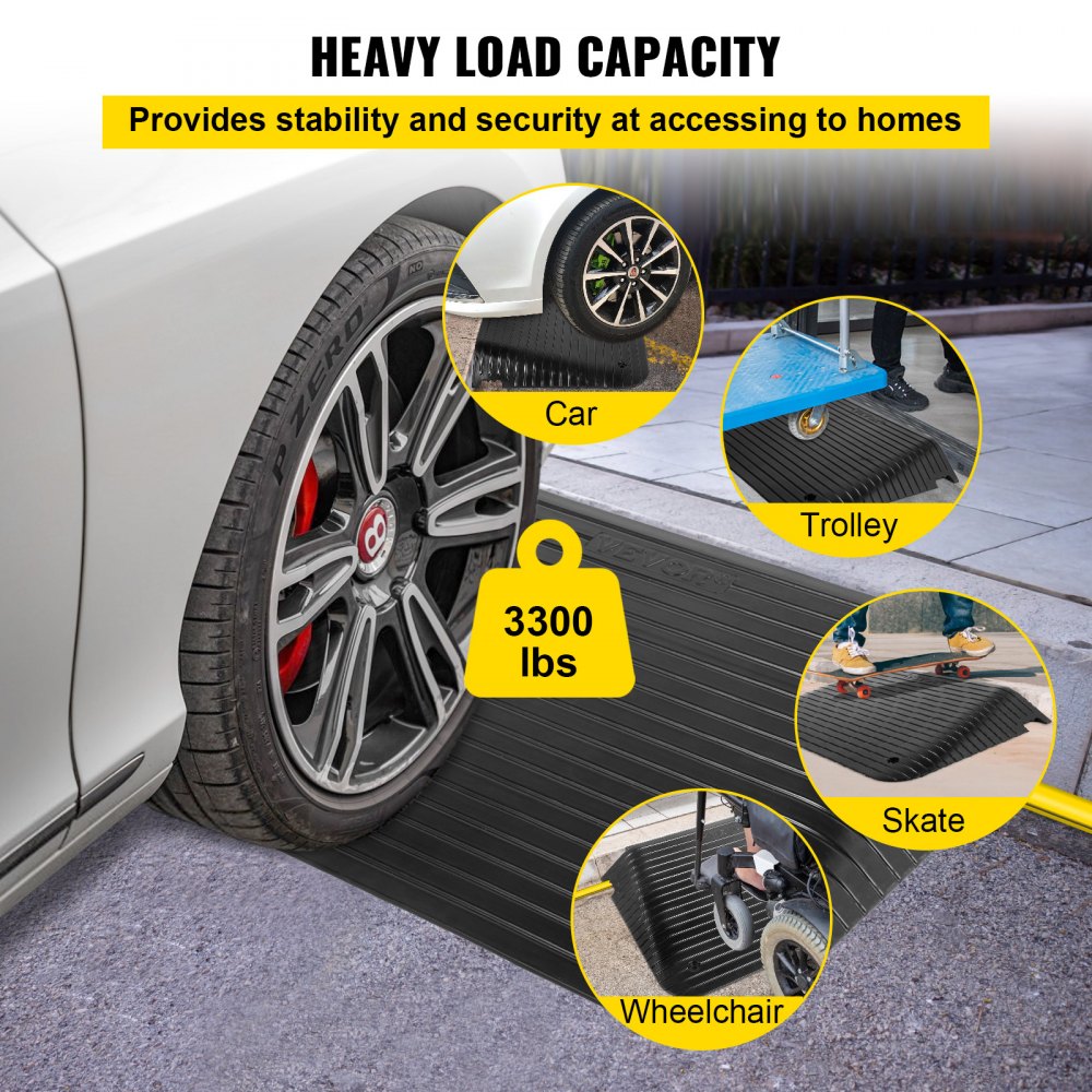 Rampa de umbral de goma VEVOR, rampa de entrada de 4 pulgadas, 1 paquete con canal de goma reciclada con capacidad de carga de 3300 libras, superficie antideslizante con accesorios completos para silla de ruedas y scooter