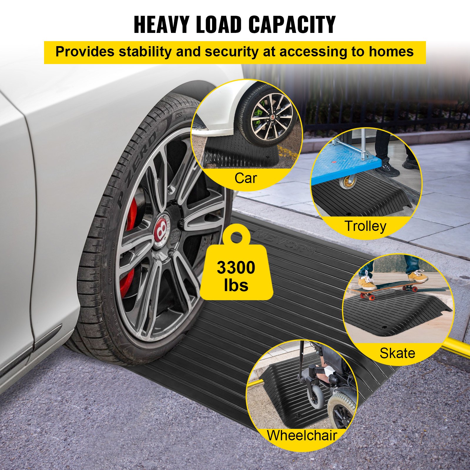 Rampa de umbral de goma VEVOR, rampa de entrada de 4 pulgadas, 1 paquete con canal de goma reciclada con capacidad de carga de 3300 libras, superficie antideslizante con accesorios completos para silla de ruedas y scooter