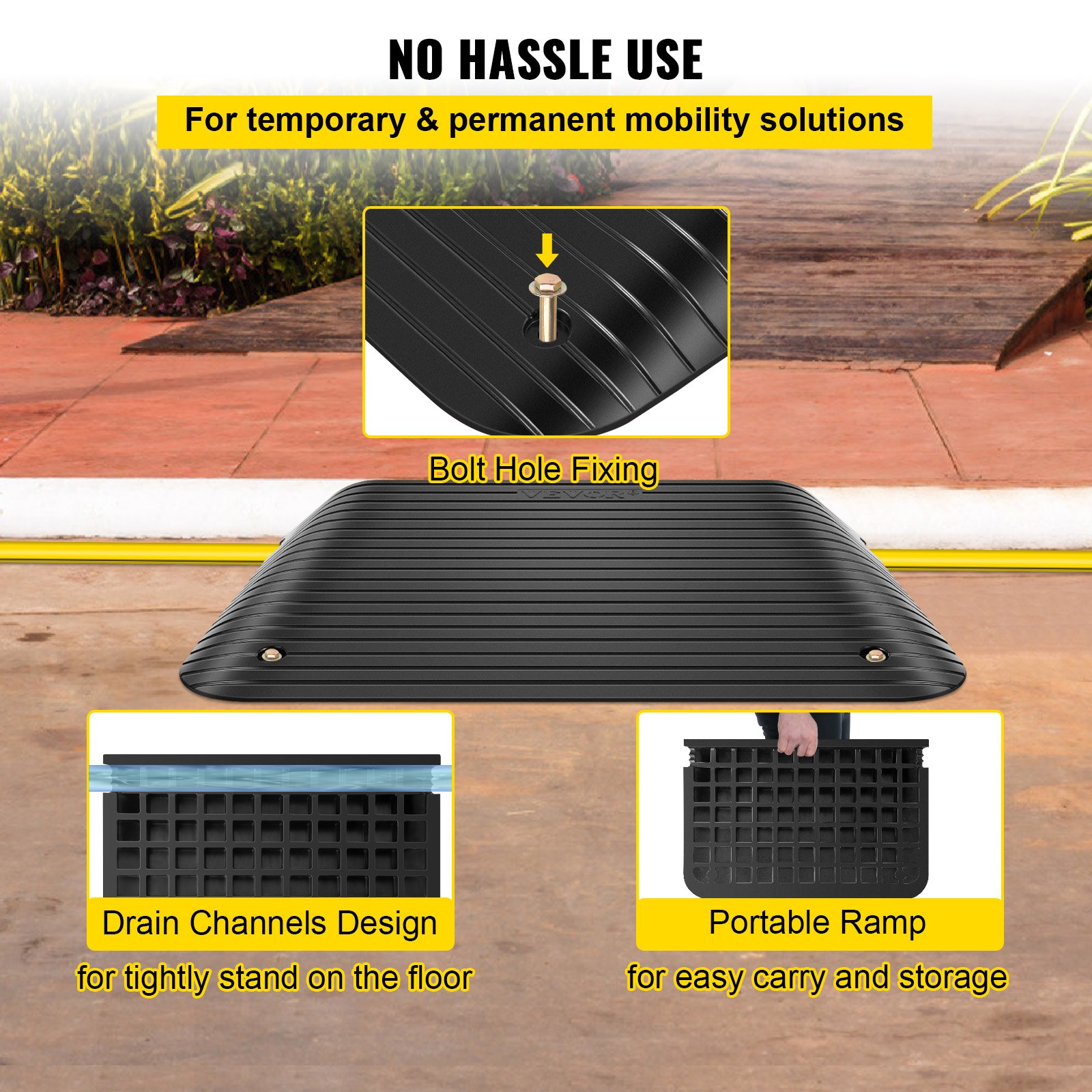 Rampa de umbral de goma VEVOR, rampa de entrada de 4 pulgadas, 1 paquete con canal de goma reciclada con capacidad de carga de 3300 libras, superficie antideslizante con accesorios completos para silla de ruedas y scooter