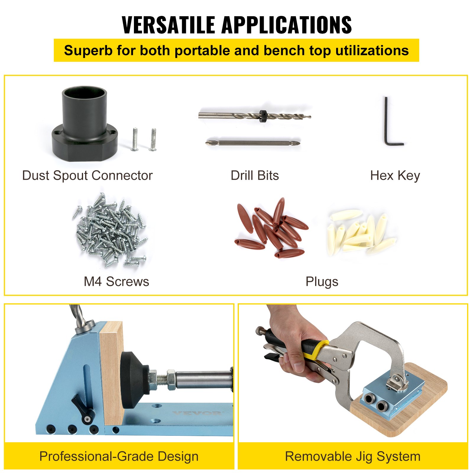 Kit de plantilla para agujeros de bolsillo VEVOR con brocas, llave hexagonal, tacos, tornillos y diseño profesional.