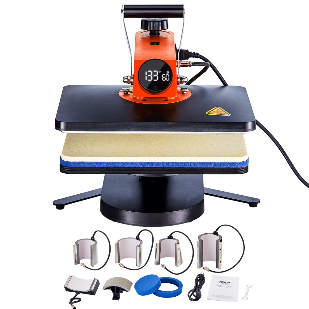 Máquina de prensado térmico VEVOR con pantalla LCD y múltiples accesorios para un prensado eficiente.
