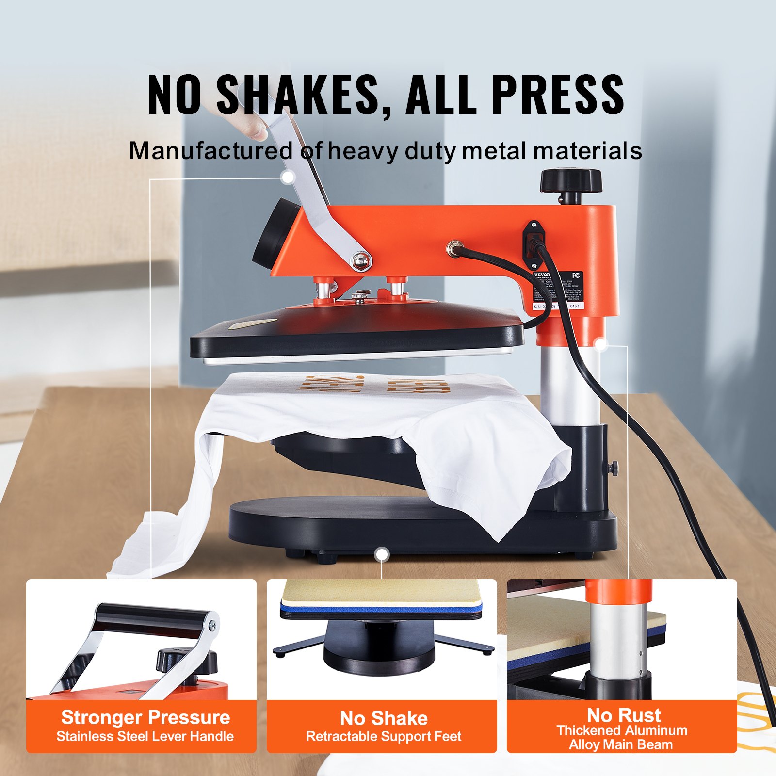 Máquina de prensado térmico VEVOR con palanca de acero inoxidable, pies de soporte retráctiles y viga de aleación de aluminio.