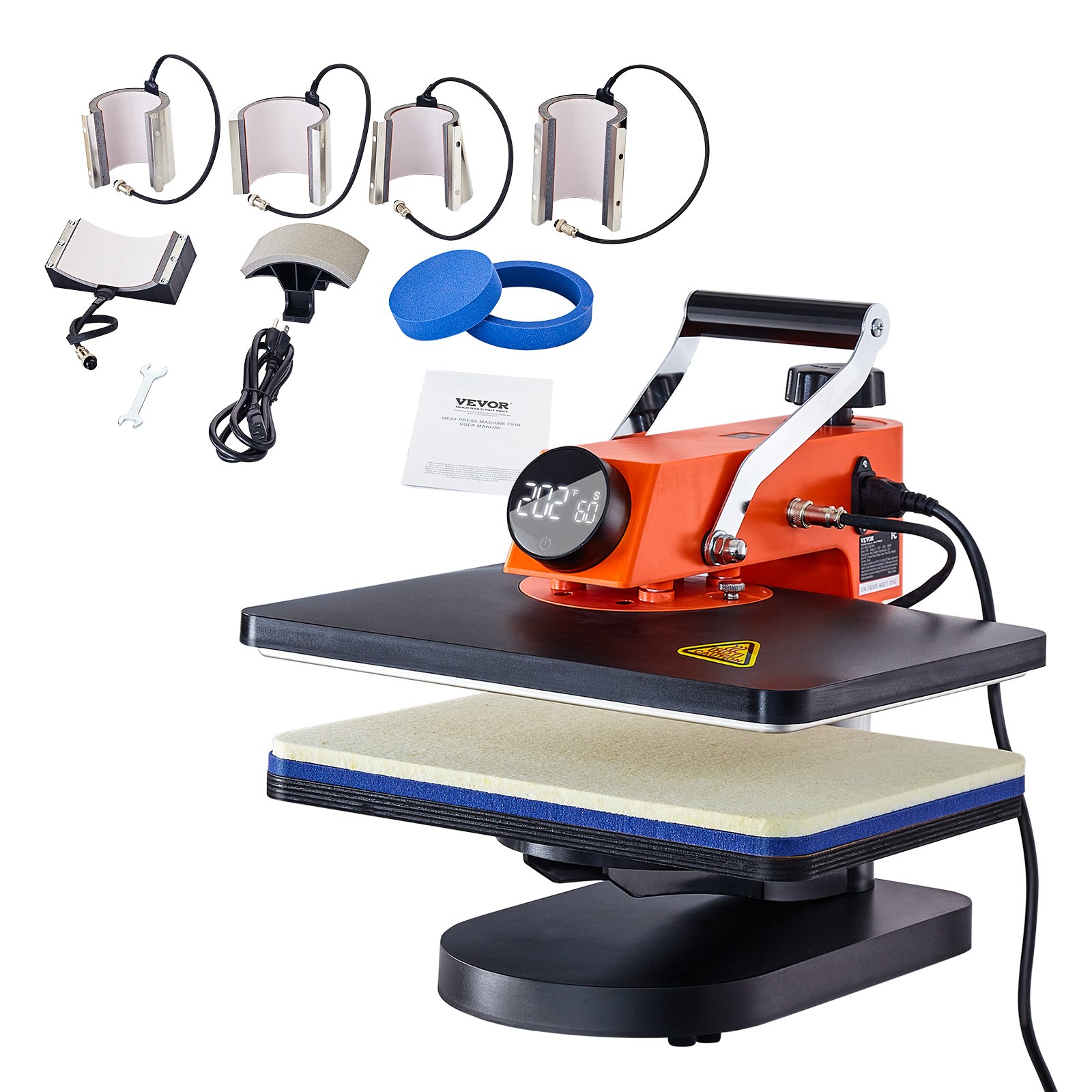 Máquina de prensado térmico VEVOR con accesorios, pantalla digital y múltiples elementos térmicos para imprimir.