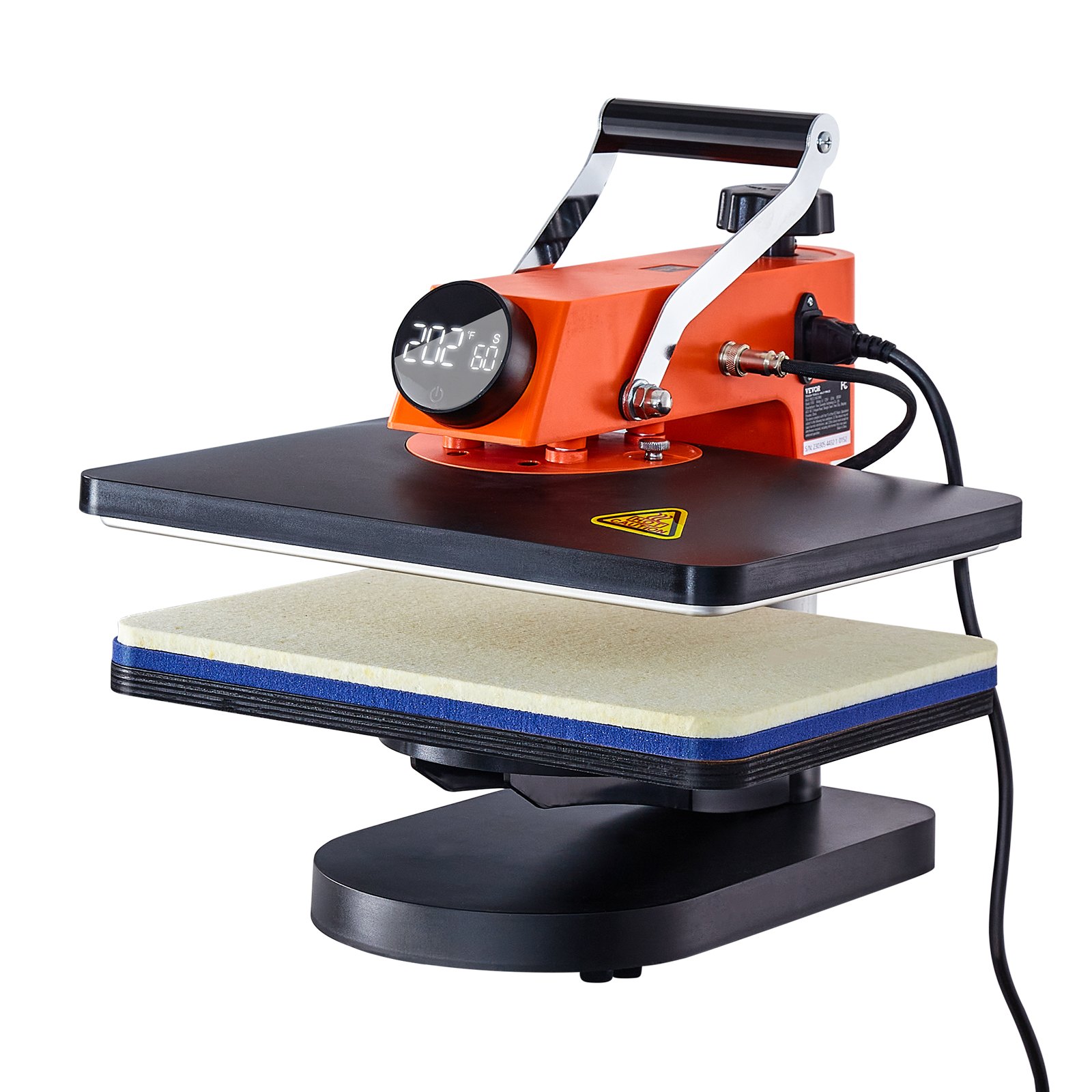 Máquina de prensado térmico VEVOR con pantalla digital, cuerpo naranja y almohadilla térmica negra preparada para su uso.