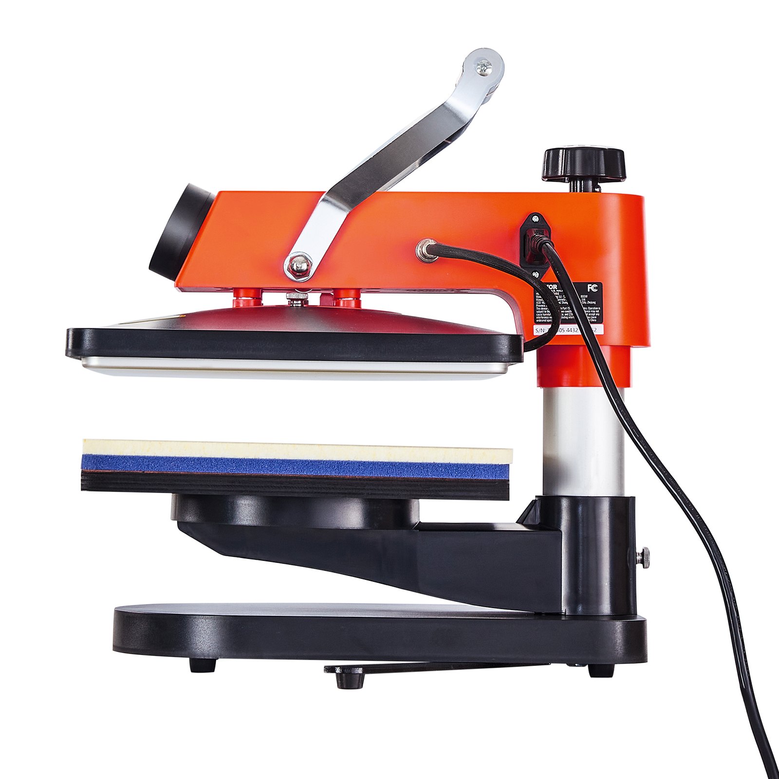 Máquina de prensado térmico VEVOR con panel superior naranja brillante, base negra y mango plateado.