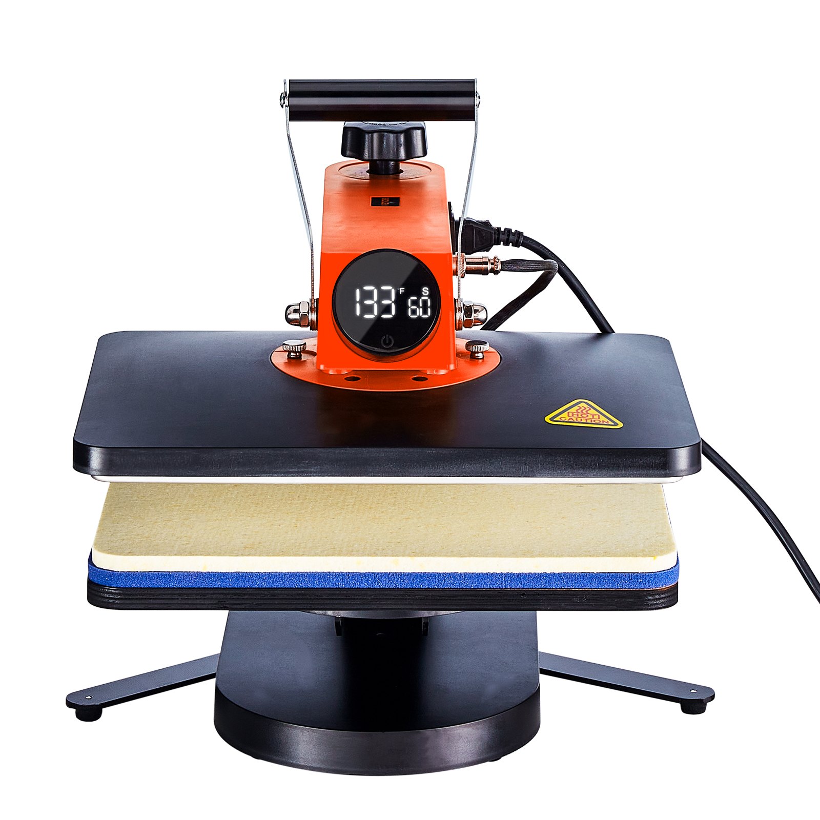 Máquina de prensado térmico VEVOR con pantalla digital y mango naranja sobre base negra.