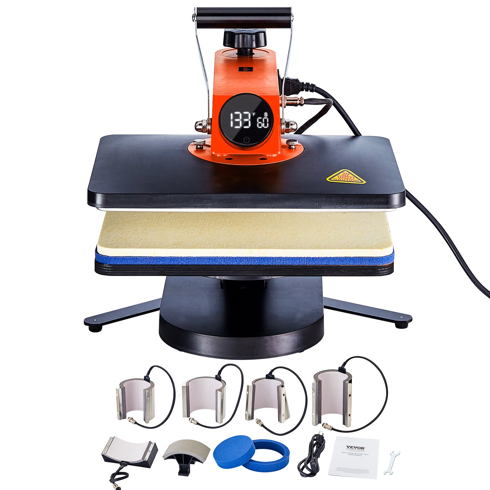 Máquina de prensado térmico VEVOR con pantalla LCD y múltiples accesorios para un prensado eficiente.