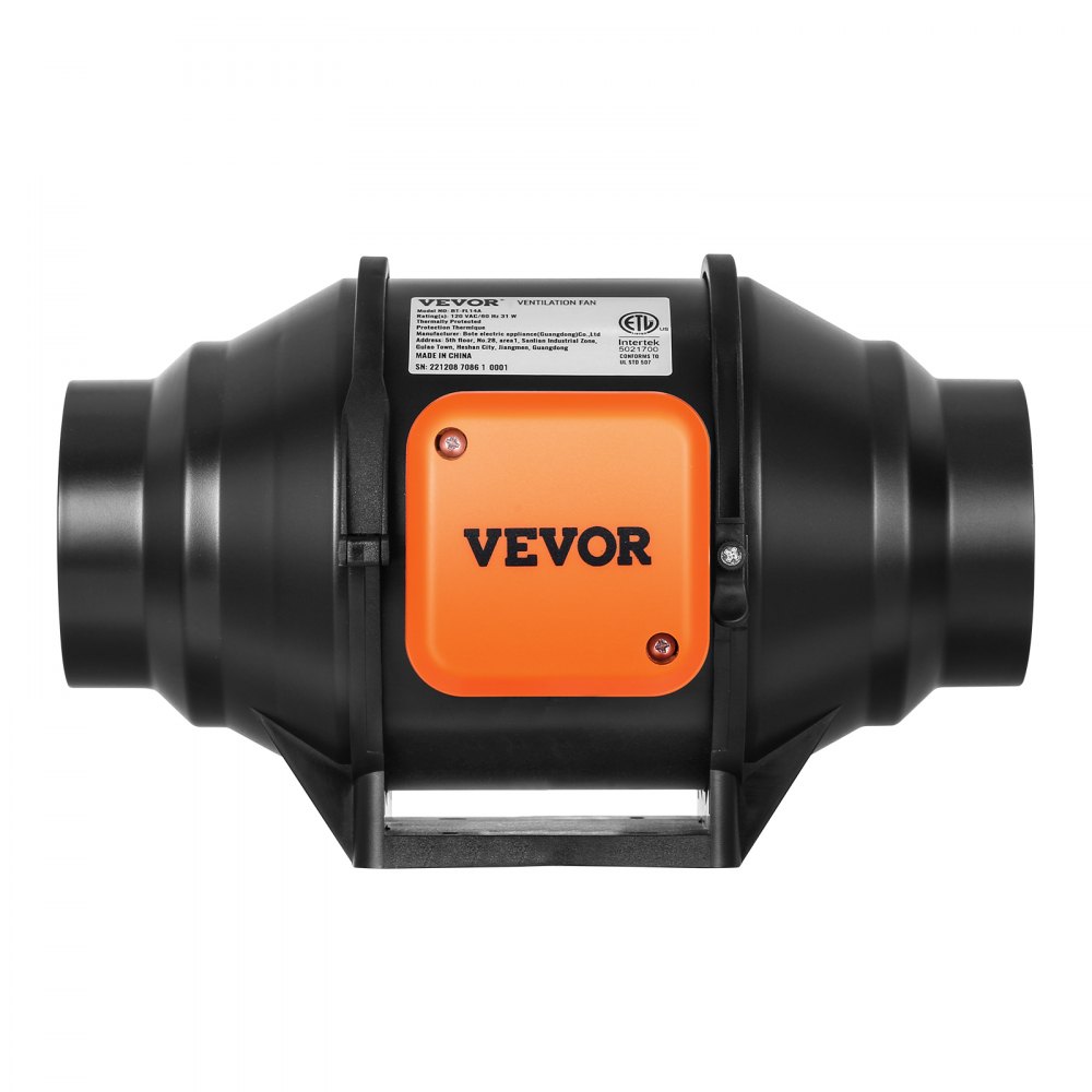 Ventilador de conducto en línea VEVOR, negro con panel naranja, certificado ETL y diseño compacto.