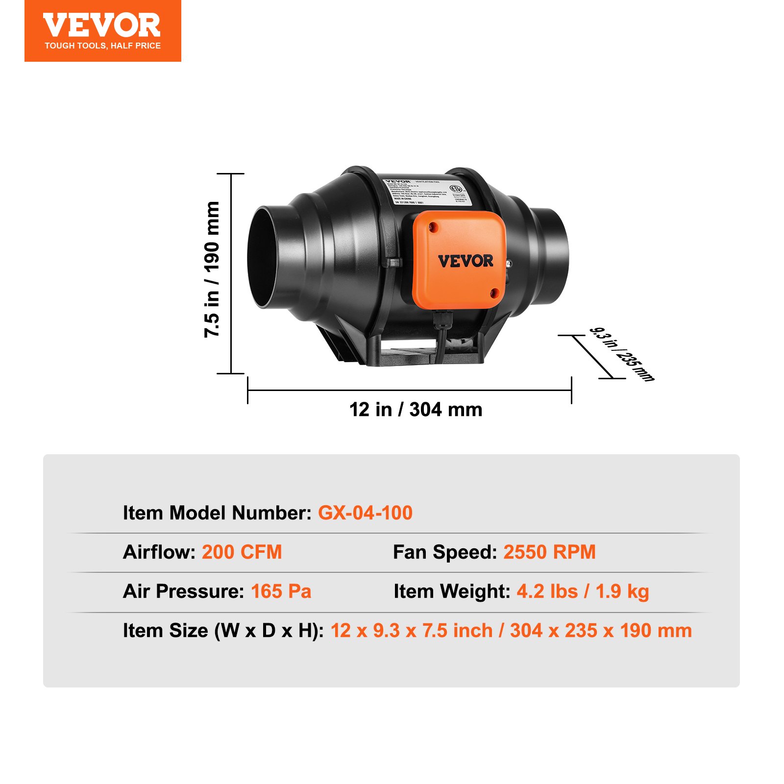 Ventilador de conducto en línea VEVOR gx-04-100 con flujo de aire de 200 cfm, velocidad de ventilador de 2550 rpm y presión de aire de 165 pa.