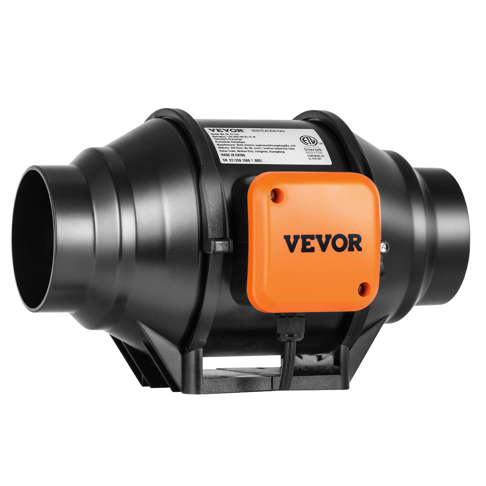 Ventilador de conducto en línea VEVOR negro y naranja con conectores circulares en ambos extremos.
