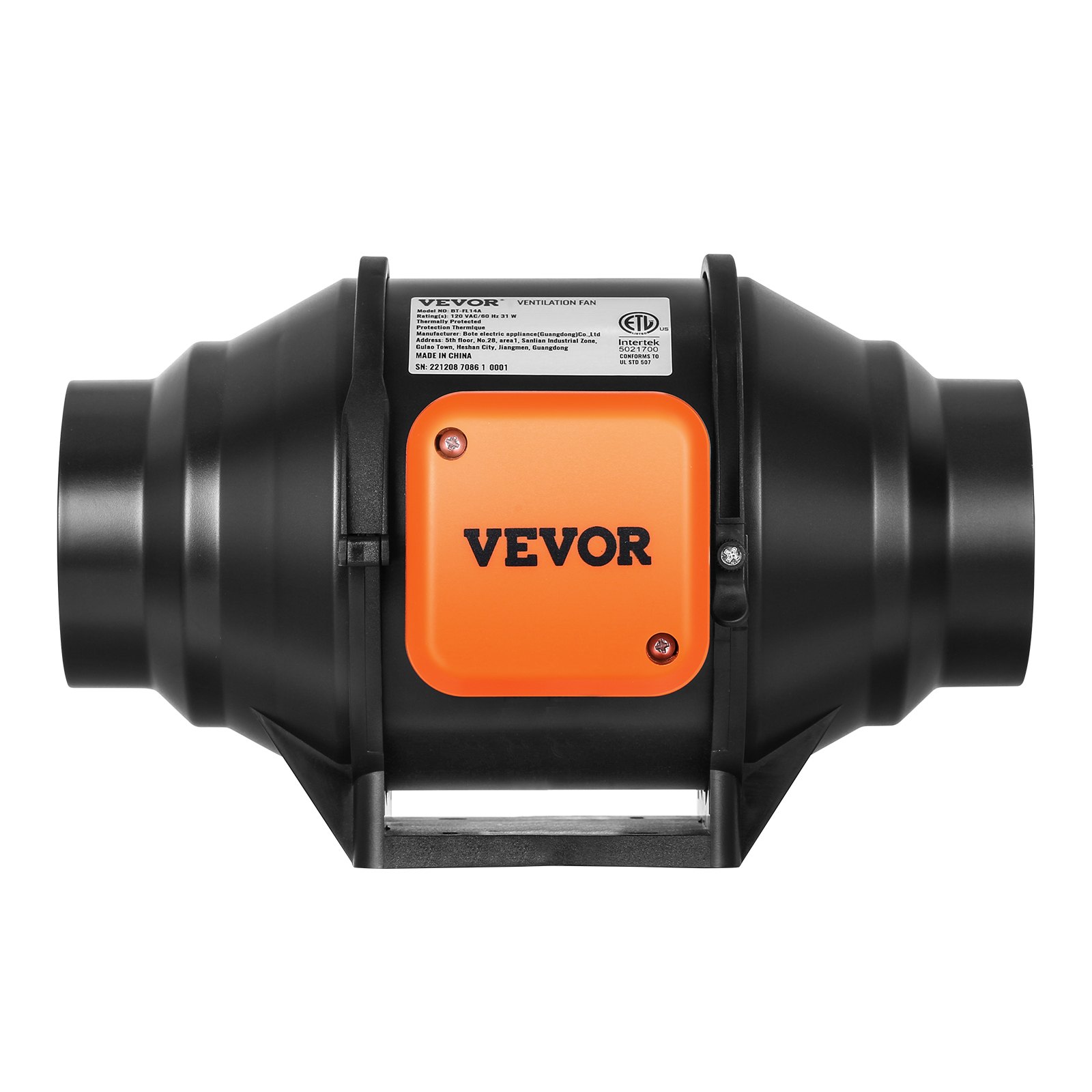 Ventilador de conducto en línea VEVOR, negro con panel naranja, certificado ETL y diseño compacto.